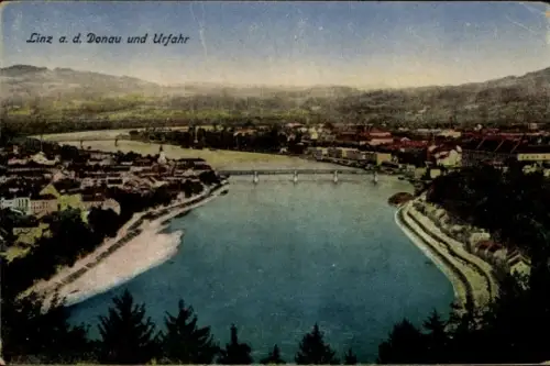 Ak Linz an der Donau Oberösterreich, Linz a. d. Donau und Urfahr, Flusslandschaft, Brücke, Stadta