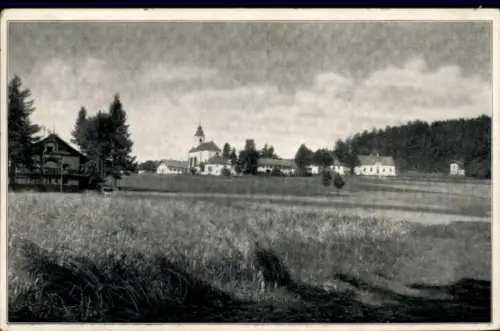 Ak Hellmonsödt in Oberösterreich, Landschaft mit Kirche, Wiesen, Bäume, Gebäude,  aus Hellmonsödt