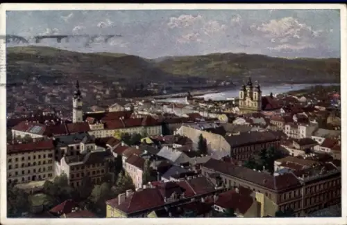 Ak Linz an der Donau Oberösterreich, Landschaftsansicht, Stadtansicht, Fluss, Berge,  Gebäude