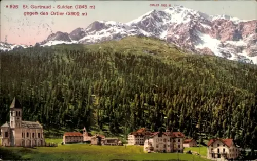 Ak Sulden Solda Stilfs Stelvio Südtirol, Berglandschaft, St. Gertraud, Ortler, Kirche, Häuser