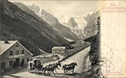 Ak Trafoi Stilfs Stelvio Südtirol, Hotel zur schönen Aussicht, Hotel Edelweß, Postkutsche