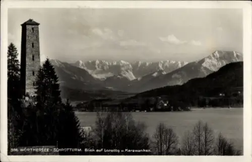 Ak Velden am Wörthersee in Kärnten, Schrotturm, Blick auf Loretto, Karawanken, Wörthersee