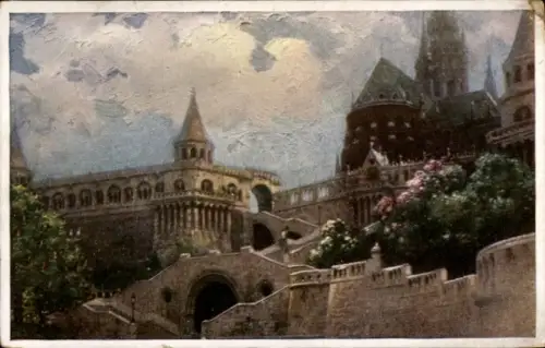 Ak Budapest Ungarn, Fischerbastei,   Architektur, blühende Pflanzen, Himmel