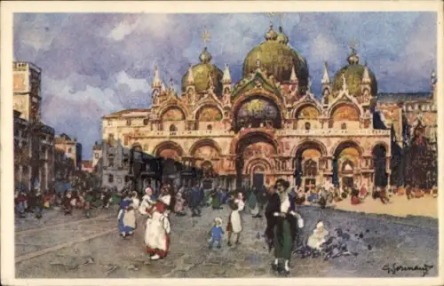 Ak Venezia Venedig Veneto, Basilika von San Marco, Menschenmenge, bunte Kleidung, venezianische A