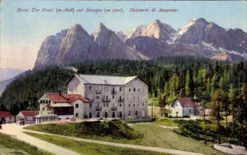 Ak Cortina d'Ampezzo Veneto, Cinque Torri, Dolomiti di Ampezzo, Hotel Tre Croci,  Berge im Hinter