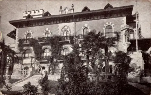 Ak Gardone Riviera Lago di Garda Lombardia, Hotel Pension Bellevue,  Pflanzen, Treppen, 