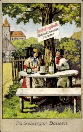 Ak Bückeburger Bauern in Tracht, Reklame Dr. Mellinghoffs Likör- und Limonaden-Essenzen