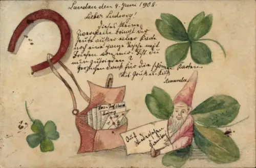 Handgemalt Ak Zwerg, Glücksklee, Hufeisen, Briefe