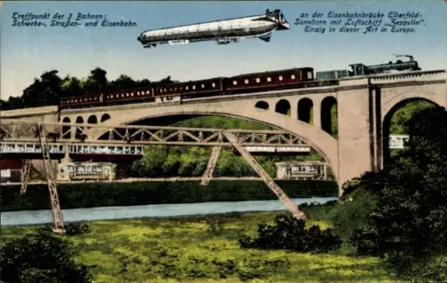 Ak Elberfeld Wuppertal in Nordrhein Westfalen, Zeppelin, Schwebebahn, Eisenbahn, Tram