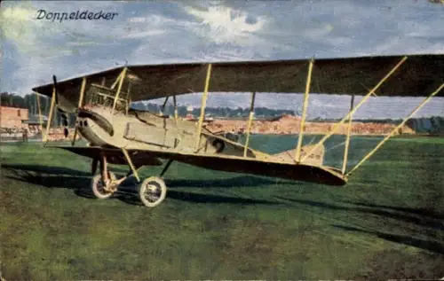 Künstler Ak Flugzeug, Doppeldecker