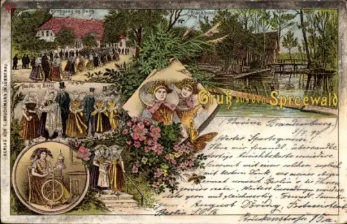 Litho Burg im Spreewald, Kirchgang, Blockhaus, Frauen in Tracht, Taufe