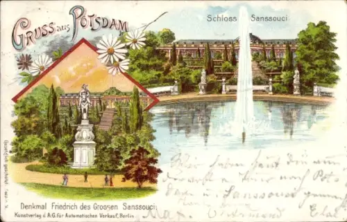 Litho Potsdam in Brandenburg, Schloss Sanssouci, Denkmal Friedrich des Großen
