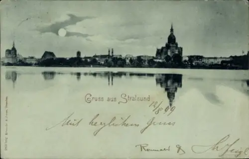 Mondschein Ak Stralsund in Vorpommern, Panorama