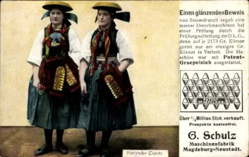 Ak Frauen in Vierländer Tracht, G. Schulz Maschinenfabrik Magdeburg-Neustadt