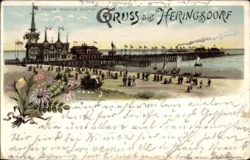 Vorläufer Litho Ostseebad Heringsdorf auf Usedom, Kaiser Wilhelm Brücke, Strandpartie