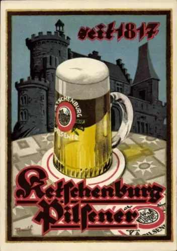 Künstler Ak Reklame, Ketschenburg Pilsener, Brauerei, Bierglas