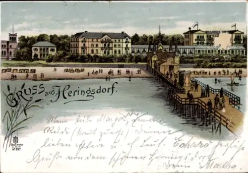 Litho Ostseebad Heringsdorf auf Usedom, Seebrücke, Strandpartie