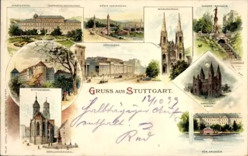 Litho Stuttgart in Württemberg, Technische Hochschule, Marienkirche, Schloss, Schillerdenkmal