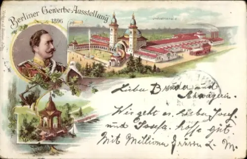 Litho Berliner Gewerbe Ausstellung 1896, Industriehalle, Kaiser Wilhelm II.