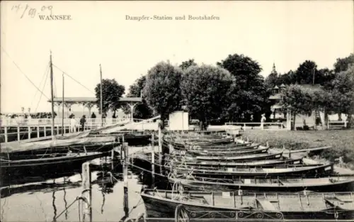 Ak Berlin Zehlendorf Wannsee, Uferpartie, Dampfer Station und Bootshafen