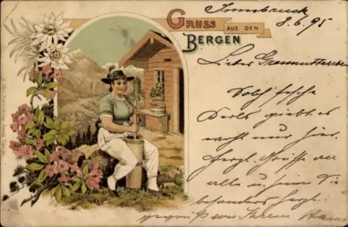 Litho Gruß aus den Bergen, Frau in Tracht