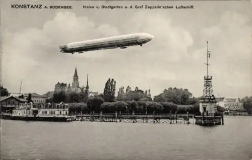 Ak Konstanz am Bodensee, Hafen, Stadtgarten, Graf Zeppelin, Luftschiff