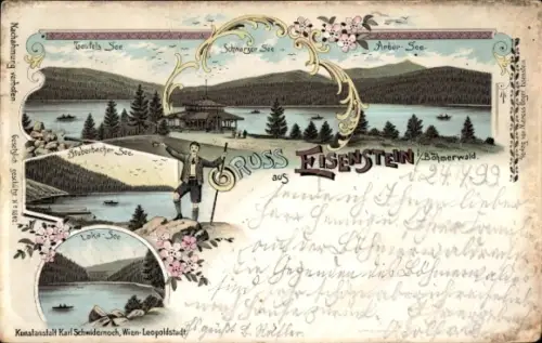 Litho Bayerisch Eisenstein in Niederbayern, Arberseehaus, Teufels See, Schwarzer See
