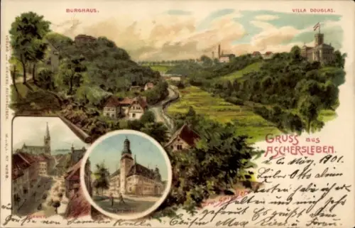 Künstler Litho Spindler, Erwin, Aschersleben im Salzlandkreis, Burghaus, Villa Douglas, Markt