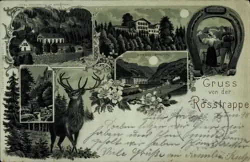 Mondschein Litho Thale im Harz, Hotel Königsruhe, Hotel zur Rosstrappe, Teufelsbrücke, Hirsch