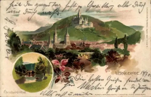 Künstler Ak Wernigerode im Harz, Gesamtansicht, Schloss, Christianenthal