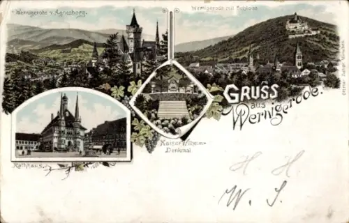 Litho Wernigerode am Harz, Blick vom Agnesberg, Schloss, Rathaus, Kaiser Wilhelm Denkmal