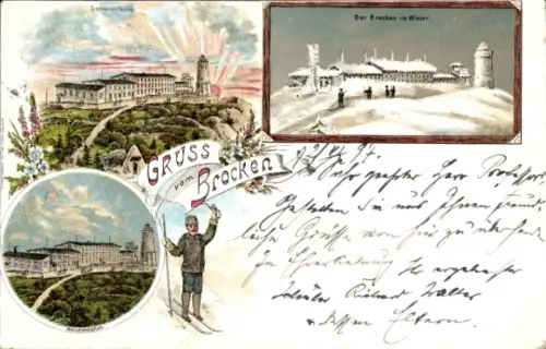 Litho Brocken im Harz, Brockenhaus, Winteransicht, Skifahrer