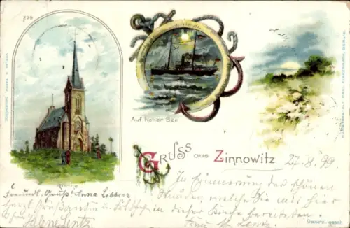 Litho Ostseebad Zinnowitz auf Usedom, Kirche, Dampfschiff auf hoher See
