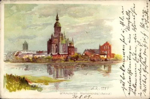 Künstler Ak W. Ritter, Stralsund in Vorpommern, Marienkirche vom Bahnhof gesehen
