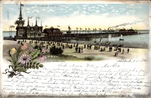 Vorläufer Litho Ostseebad Heringsdorf auf Usedom, Kaiser Wilhelm Brücke, Strandpartie, 1895