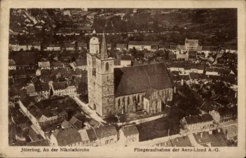 Ak Jüterbog in Brandenburg, Fliegeraufnahme, Nikolaikirche