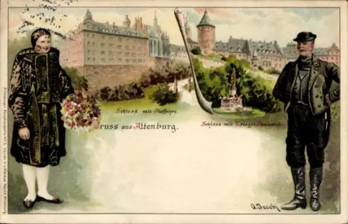 Künstler Litho O. Jacobi, Altenburg in Thüringen, Schloss, Trachten