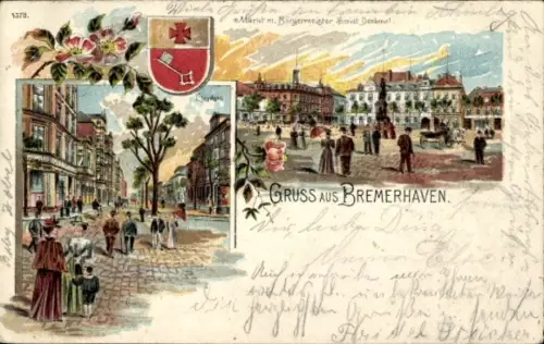 Wappen Litho Bremerhaven, Markt mit Bürgermeister Smidt Denkmal