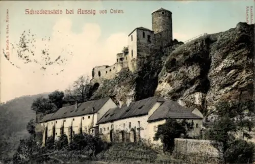 Ak Strekov Schreckenstein Ústí nad Labem Aussig Elbe Stadt,  Burgruine, Felsen, Bäume, handkolori