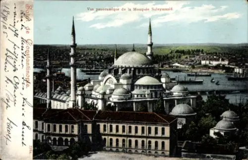 Ak Konstantinopel Istanbul Türkei, Panoramablick auf die Moschee Suleymanié, Schiffe im Wasser, g