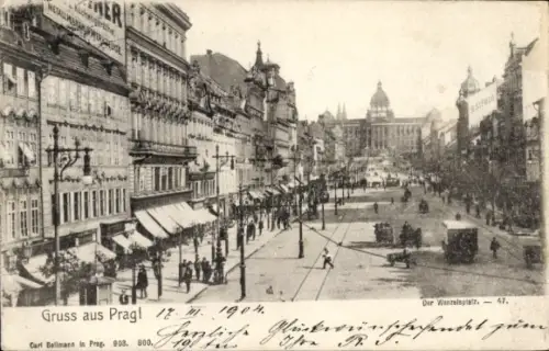 Ak Praha Prag Tschechien, Wenzelsplatz, Menschen, Straßenbahn, Geschäfte,  aus Prag