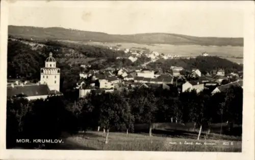 Ak Moravský Krumlov Mährisch Kromau Südmähren,  Landschaft, Häuser, Kirchturm, Bäume