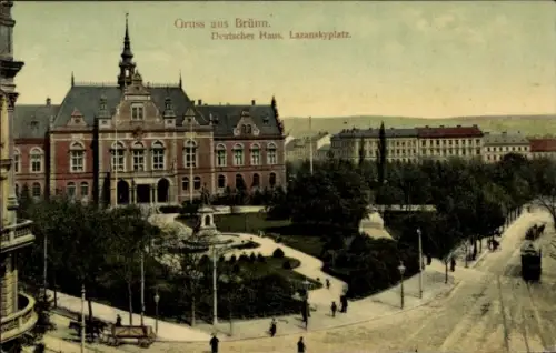 Ak Brno Brünn Südmähren,  aus  Deutsches Haus, Lazanskyplatz, Parkanlage, Straßenansicht