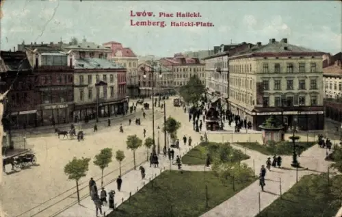 Ak Lwiw Lwów Lemberg Léopol Ukraine,  Halicki-Platz, Menschen, Straßenbahn,  Gebäude