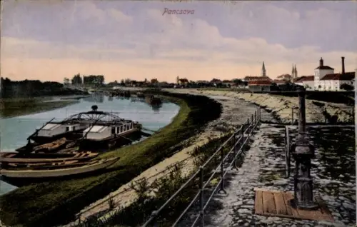 Ak Pancsova Pantschowa Serbien,  Flusslandschaft, Boote, Uferpromenade, 