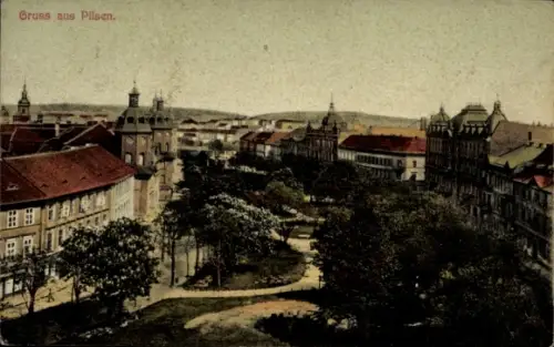 Ak Plzeň Pilsen Stadt, Gruss aus  Stadtansicht, Bäume, Häuser, Straßen
