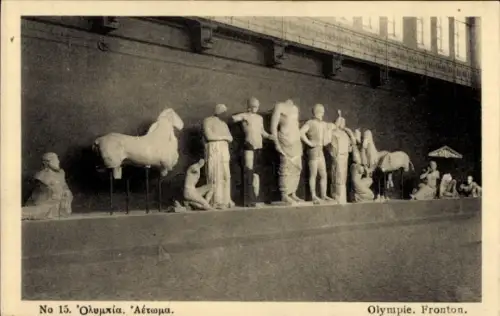 Ak Olympia Griechenland, Skulpturen, Olympische Stätte, Fronton, antike Figuren