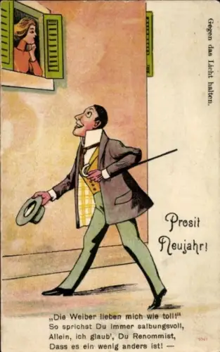 Halt gegen das Licht Ak Glückwunsch Neujahr, Mann, Frau am Fenster