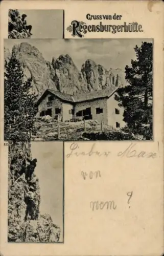 Ak Santa Cristina Val Gardena St. Christina in Gröden Südtirol, Regensburger Hütte, Kletterer