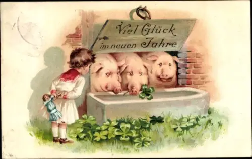 Ak Glückwunsch Neujahr, Mädchen füttert Schweine, Glücksklee